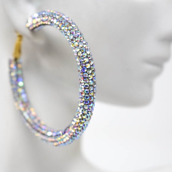 2.25" AB Clear Pave Wrap Rhinestone Hoop Earrings - Picture 5 of 9